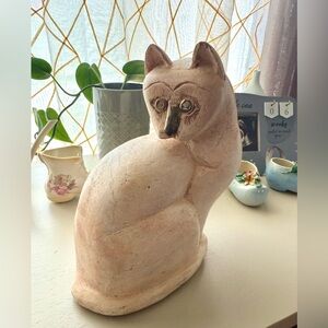 Vintage Rustic Bohemian Hand-Carved Cat Sculpture from India